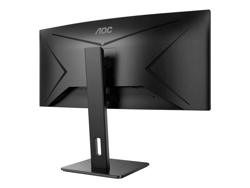 Ein schwarzer, gebogener AOC-Monitor von hinten, zeigt den Ständer und die Lüftungsschlitze. Das Display ist abgeschaltet.