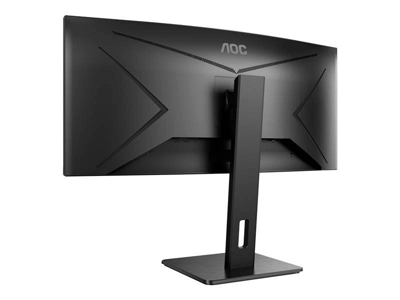 Rückansicht eines AOC-Monitors mit rechteckigem Standfuß, schwarzes Gehäuse und Markenlogo oben auf der Rückseite.