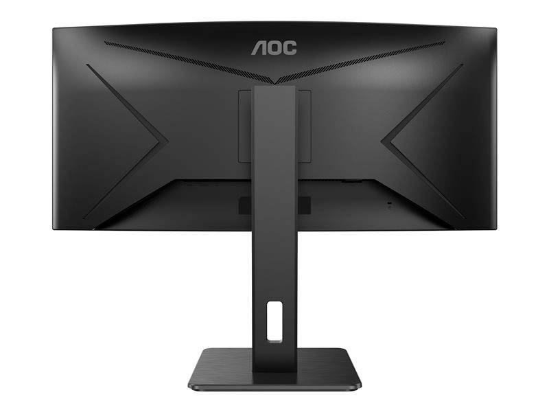Rückansicht eines schwarzen Computerbildschirms der Marke AOC mit breitem Ständer und schlankem Design.