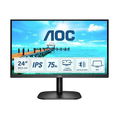 Ein Monitor mit 24-Zoll-Bildschirm, IPS-Display und 75 Hz. Merkmale: dreiseitig rahmenlos, Blaulicht-Reduzierung, neigungsverstellbar. Strandmotiv als Hintergrund.