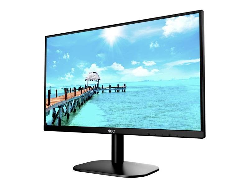 Ein Monitor zeigt ein Bild von einem Steg, der in klares, blaues Wasser mit hellem Himmel führt.