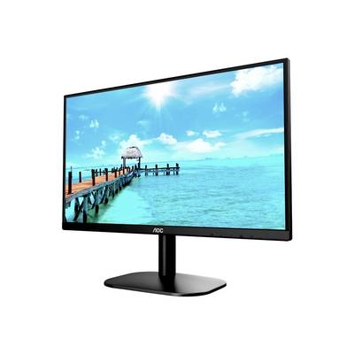 Ein Monitor zeigt ein Bild von einem Steg, der in klares, blaues Wasser mit hellem Himmel führt.