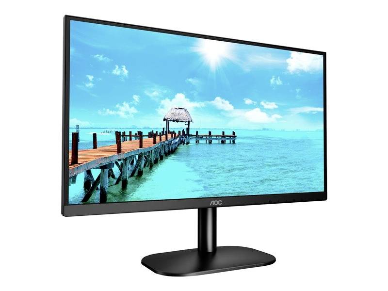 Ein Computerbildschirm zeigt ein Bild eines langen Holzstegs, der zu einer strohgedeckten Hütte über einem türkisblauen Meer führt.