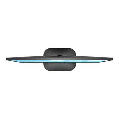 Flachbildschirm von oben gesehen, mit blau leuchtender Unterseite und kreisförmigem Standfuß. Hochmodernes, schlankes Design.