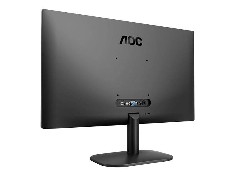 Rückansicht eines schwarzen AOC-Monitors, zeigt den Standfuß und Anschlussbereich. Keine sichtbaren Bildschirminhalte.