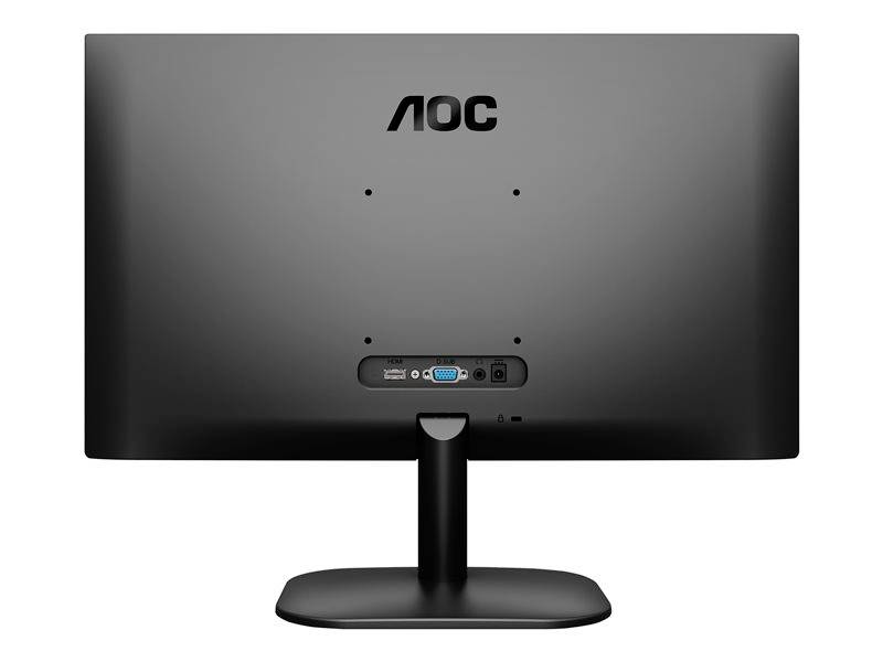 Rückseite eines AOC-Monitors mit HDMI- und VGA-Anschlüssen, montiert auf einem Standfuß.