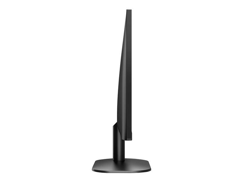 Ein ultraflacher Computerbildschirm in seitlicher Ansicht auf einem rechteckigen Standfuß vor weißem Hintergrund.
