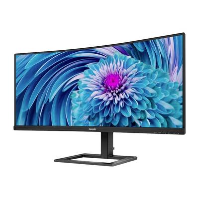 Ein gewölbter ultrabreiter Monitor mit Standfuß, zeigt ein lebendiges Design aus blauen und violetten Blütenblättern.