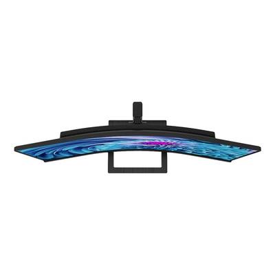 Gebogener schwarzer Bildschirm von oben mit blauer und rosa Grafik auf dem Display. Er ist in der Mitte platziert.