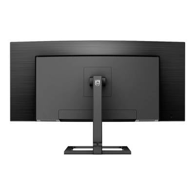 Rückansicht eines schwarzen Computermonitors auf einem Standfuß. Der Bildschirm ist ausgeschaltet und zeigt eine matte Oberfläche.