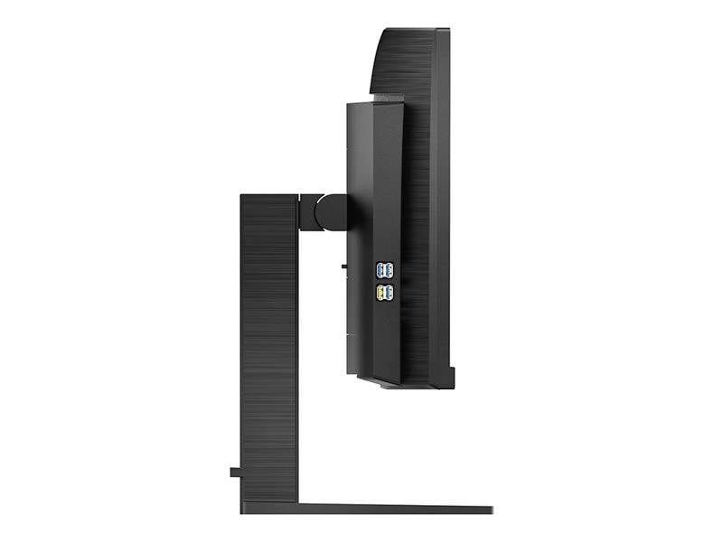 'Seitenansicht eines schwarzen Computermonitors auf einem rechteckigen Standfuß.'