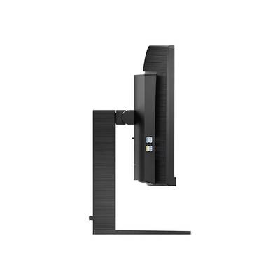 'Seitenansicht eines schwarzen Computermonitors auf einem rechteckigen Standfuß.'