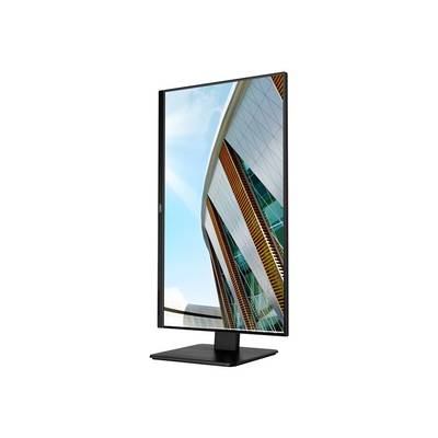 Ein Monitor mit vertikaler Ausrichtung zeigt ein modernes Gebäude mit Glasfenstern und Holzelementen vor blauem Himmel.
