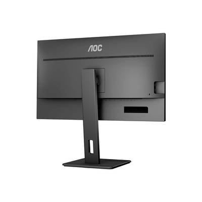 Rückseite eines schwarzen Computerbildschirms der Marke AOC mit einem stabilen Standfuß.