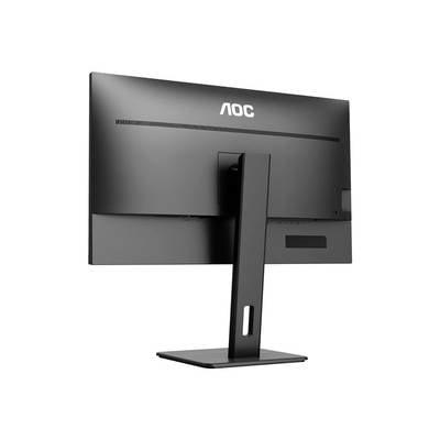 Schwarzer Monitor von hinten, Marke "AOC", mit rechteckigem Standfuß.
