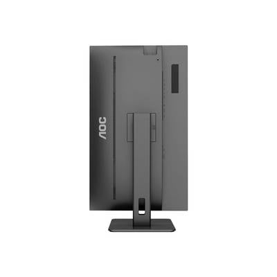 Ein Computerbildschirm von hinten mit der Marke 'AOC' sichtbar, zeigt die Rückseite mit Standfuß und Anschluss.