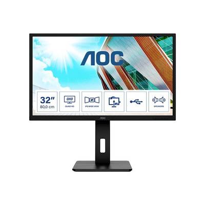 AOC-Monitor mit 32 Zoll Bildschirm, auf dem diverse technische Symbole für QHD, IPS Wide View, Höhenverstellbarkeit, HDMI und Lautsprecher angezeigt werden.