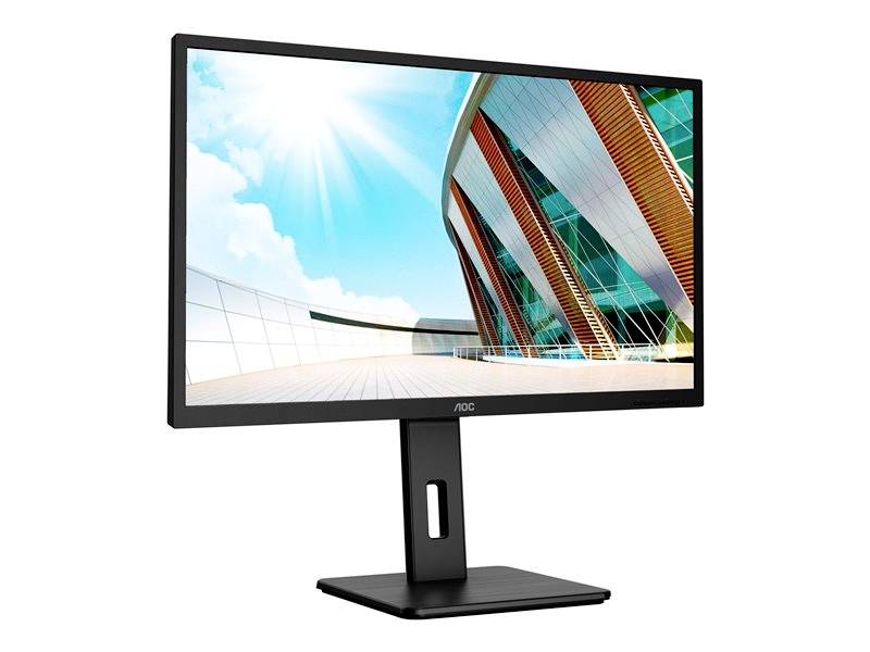 Ein Computerbildschirm zeigt ein modernes architektonisches Gebäude mit Glasfassade unter blauem Himmel und Sonnenschein.