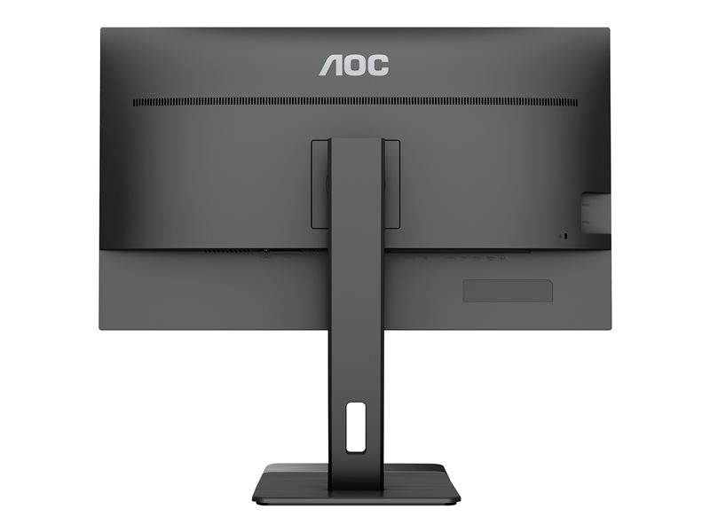 'Rückseite eines schwarzen Computerbildschirms mit AOC-Logo, an einem rechteckigen Standfuß befestigt.'