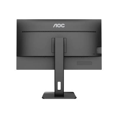 'Rückseite eines schwarzen Computerbildschirms mit AOC-Logo, an einem rechteckigen Standfuß befestigt.'