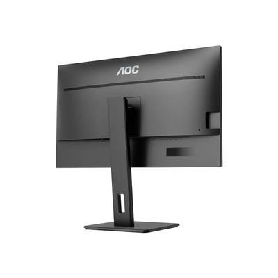 Ein schwarzer AOC-Monitor ist von hinten zu sehen; rechteckiger Standfuß, schlichtes Design, geeignet für Büroanwendungen.
