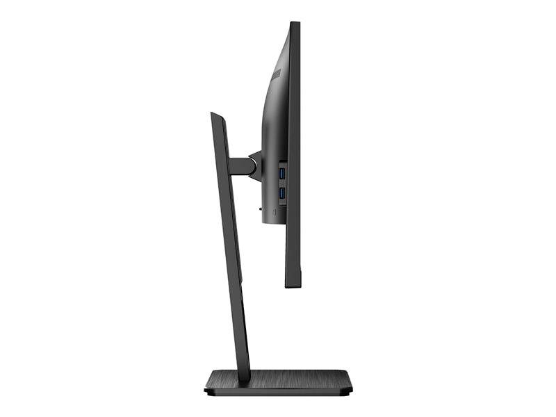 Seitenansicht eines schlanken, schwarzen Computerbildschirms auf einem standfesten Sockel, zeigt die schmale Tiefe des Monitors.