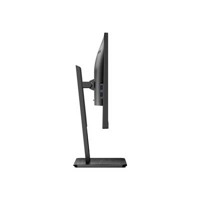 Seitenansicht eines schlanken, schwarzen Computerbildschirms auf einem standfesten Sockel, zeigt die schmale Tiefe des Monitors.