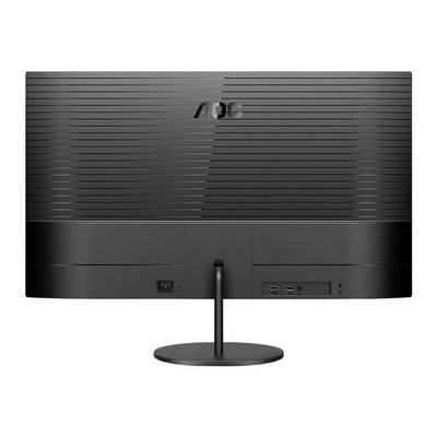 Ein Flachbildschirm der Marke AOC von hinten gezeigt, mit sichtbaren Anschlüssen wie HDMI und USB sowie einem Stromanschluss.