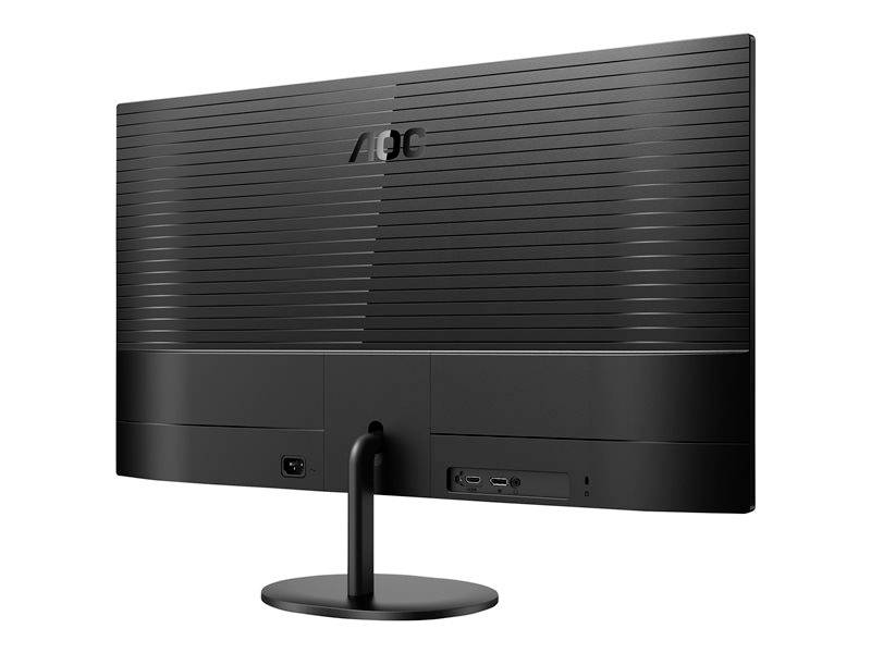Ein moderner Monitor in Seitenansicht mit schmalem Rand, schwarzem Gehäuse und runden Standfuß. Rückseite zeigt Anschlüsse und Lüftungsschlitze.