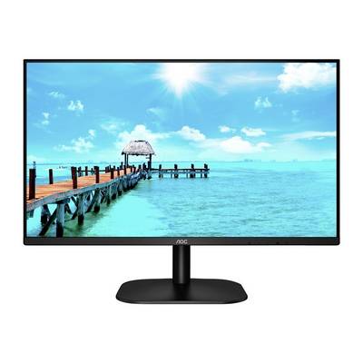 Ein Monitor zeigt ein Bild von einem Steg, der ins blaue Meer führt, unter einem sonnigen Himmel mit wenigen Wolken.