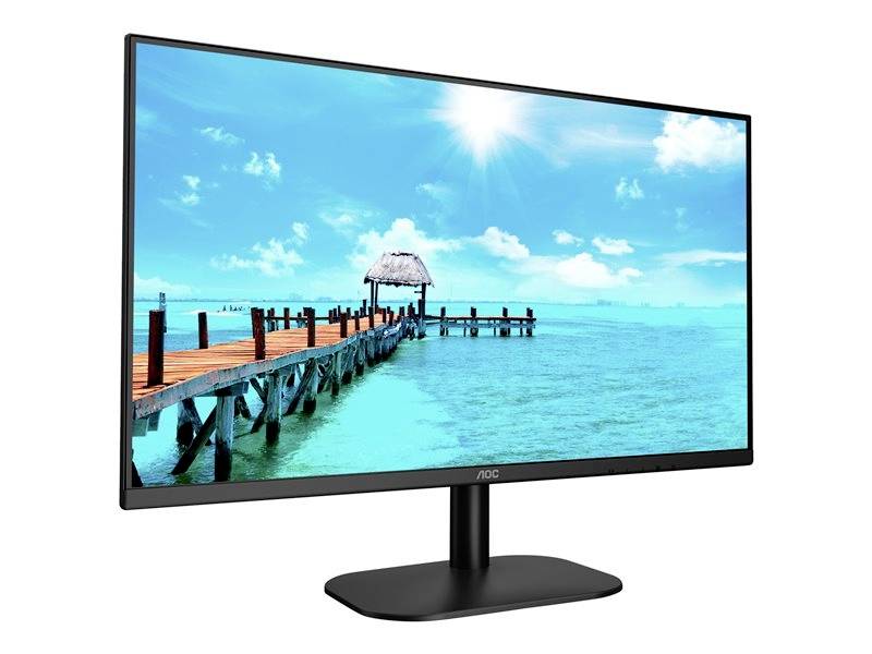 Ein Computermonitor mit einem angezeigten Bild von einem Steg, der ins blaue Meer führt, bei sonnigem Himmel.