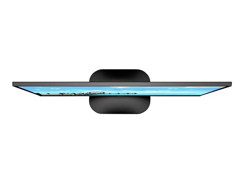 Ein moderner, ultraflacher Fernseher an der Wand, seitlich von oben gesehen. Auf dem Bildschirm ist ein blaues Meer zu erkennen.