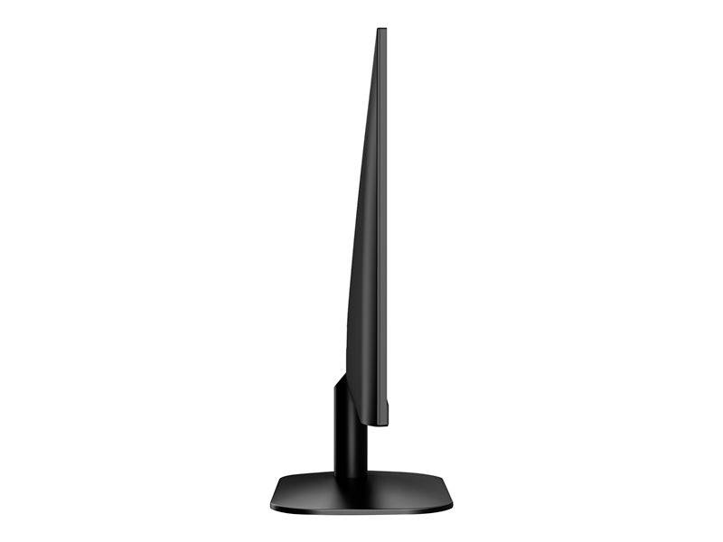 Ein schwarzer Flachbildschirm-Monitor von der Seite, zeigt sein schlankes, modernes Design auf einem rechteckigen Standfuß.