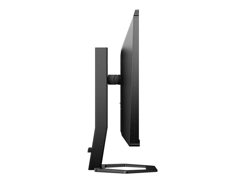 Seitenansicht eines Computerbildschirms auf einem Standfuß, der ein schlankes Design und ein minimalistisches Profil zeigt.
