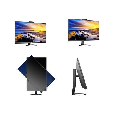 Vier Ansichten eines Computerbildschirms: Vorderansicht mit Strandbild, Seitenansicht zur Orientierung, drehbarer Bildschirmfunktion erkennbar.