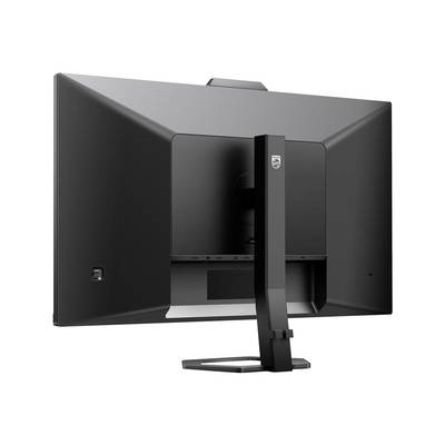 Ein schwarzer Computerbildschirm von hinten, auf einem flexiblen Standfuß montiert.