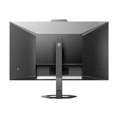 Rückseite eines großen schwarzen Computermonitors mit modernem Standfuß, geeignet für Arbeitsplatz oder Büroumgebungen.