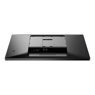 Rückansicht eines schwarzen Computerbildschirms, zeigt Anschlüsse und Befestigungspunkte.