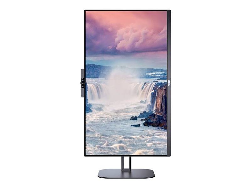 Ein Bildschirm, der einen Wasserfall zeigt. Der Himmel ist rosa gefärbt. Der Monitor steht auf einem schwarzen Standfuß.