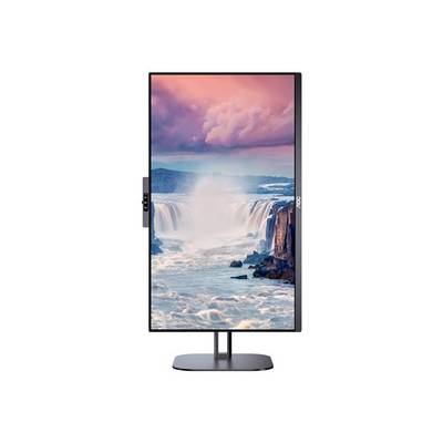 Ein Bildschirm, der einen Wasserfall zeigt. Der Himmel ist rosa gefärbt. Der Monitor steht auf einem schwarzen Standfuß.