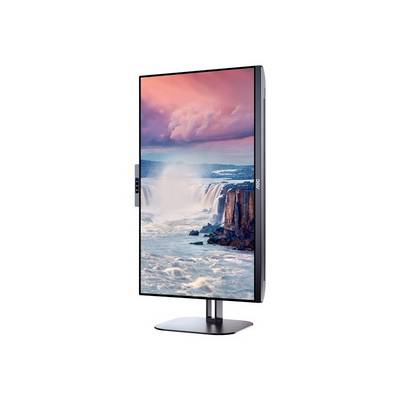 Ein Monitor im Hochformat zeigt ein Bild eines Wasserfalls unter einem rosa Himmel.