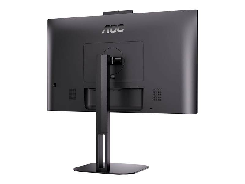 Ein Computermonitor von hinten gesehen, mit einem rechteckigen Standfuß und einem schlichten, dunklen Design.