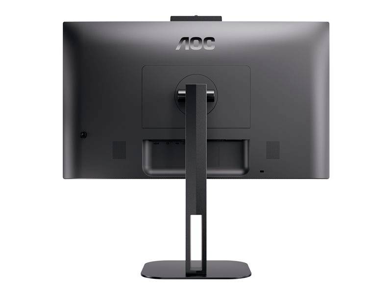 Ein schwarzer Computermonitor von hinten, auf einem rechteckigen Standfuß.