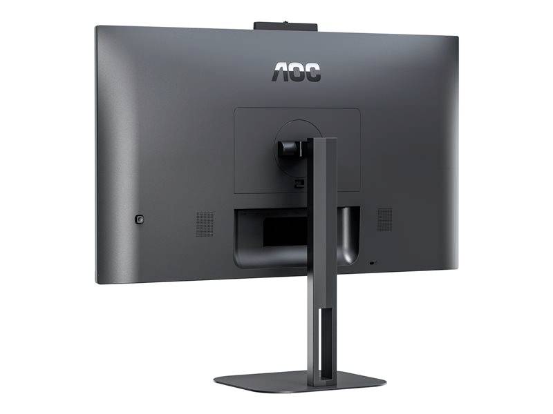 Ein grauer Computermonitor der Marke AOC von hinten mit schlichtem Standfuß und einem schlanken Design.