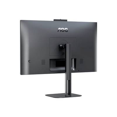 Ein grauer Computermonitor der Marke AOC von hinten mit schlichtem Standfuß und einem schlanken Design.