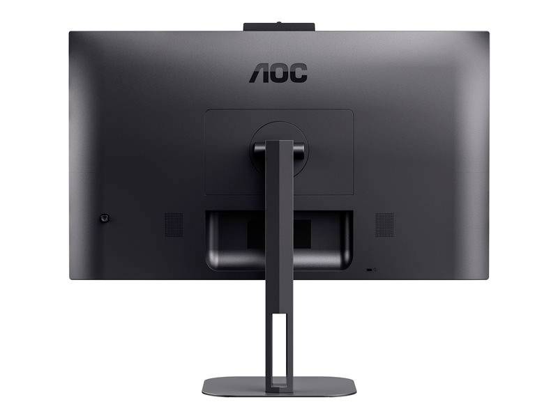 Hinteransicht eines schwarzen AOC-Monitors mit Standfuß, der auf einem Tisch platziert ist.