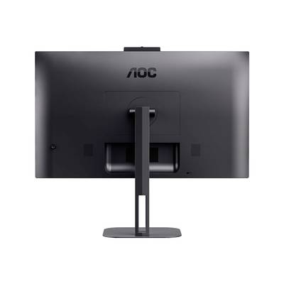 Hinteransicht eines schwarzen AOC-Monitors mit Standfuß, der auf einem Tisch platziert ist.
