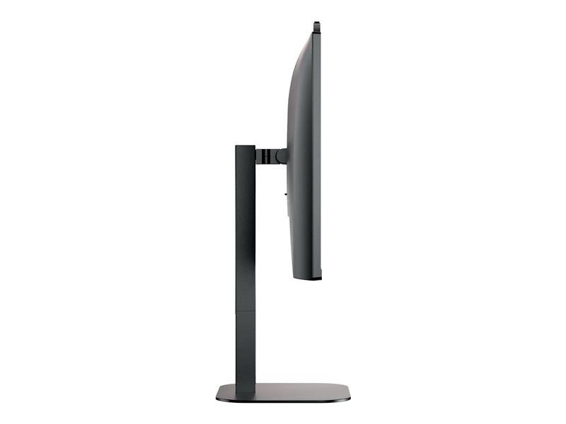 Seitenansicht eines dünnen Computerbildschirms auf einem Standfuß, der verstellbar erscheint. Der Monitor ist ausgeschaltet.