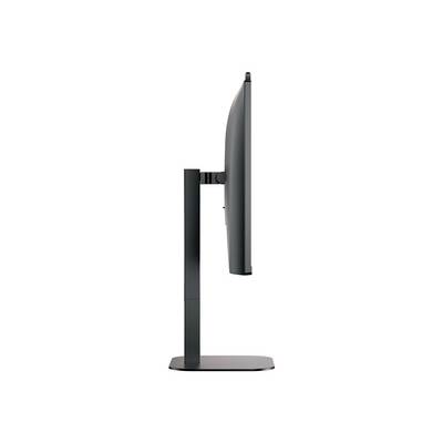 Seitenansicht eines dünnen Computerbildschirms auf einem Standfuß, der verstellbar erscheint. Der Monitor ist ausgeschaltet.