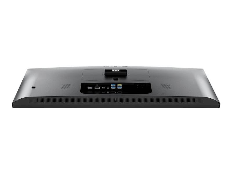 Rückansicht eines schwarzen Monitors mit mehreren Anschlussarten wie HDMI, USB und Ethernet. Flaches, modernes Design.